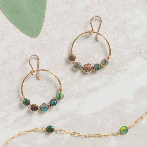 gold hoop earring, rose gold hoop earring with wrapped black opal coins