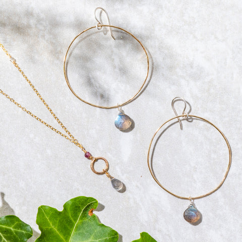 Labradorite hoop earrings and small hoop pendant necklace in gold