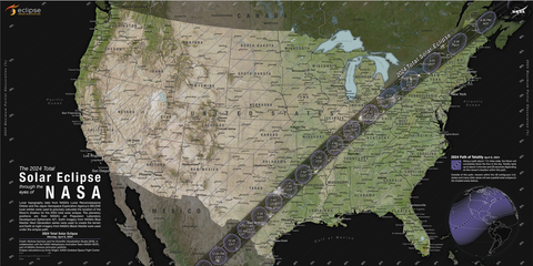 On April 8, 2024, people from this narrow band stretching from Texas to Maine will have the chance to witness the total solar eclipse, while all 48 contiguous states of the United States will experience a partial solar eclipse. Credit: NASA SVS  Link: https://science.nasa.gov/eclipses/future-eclipses/eclipse-2024/where-when/