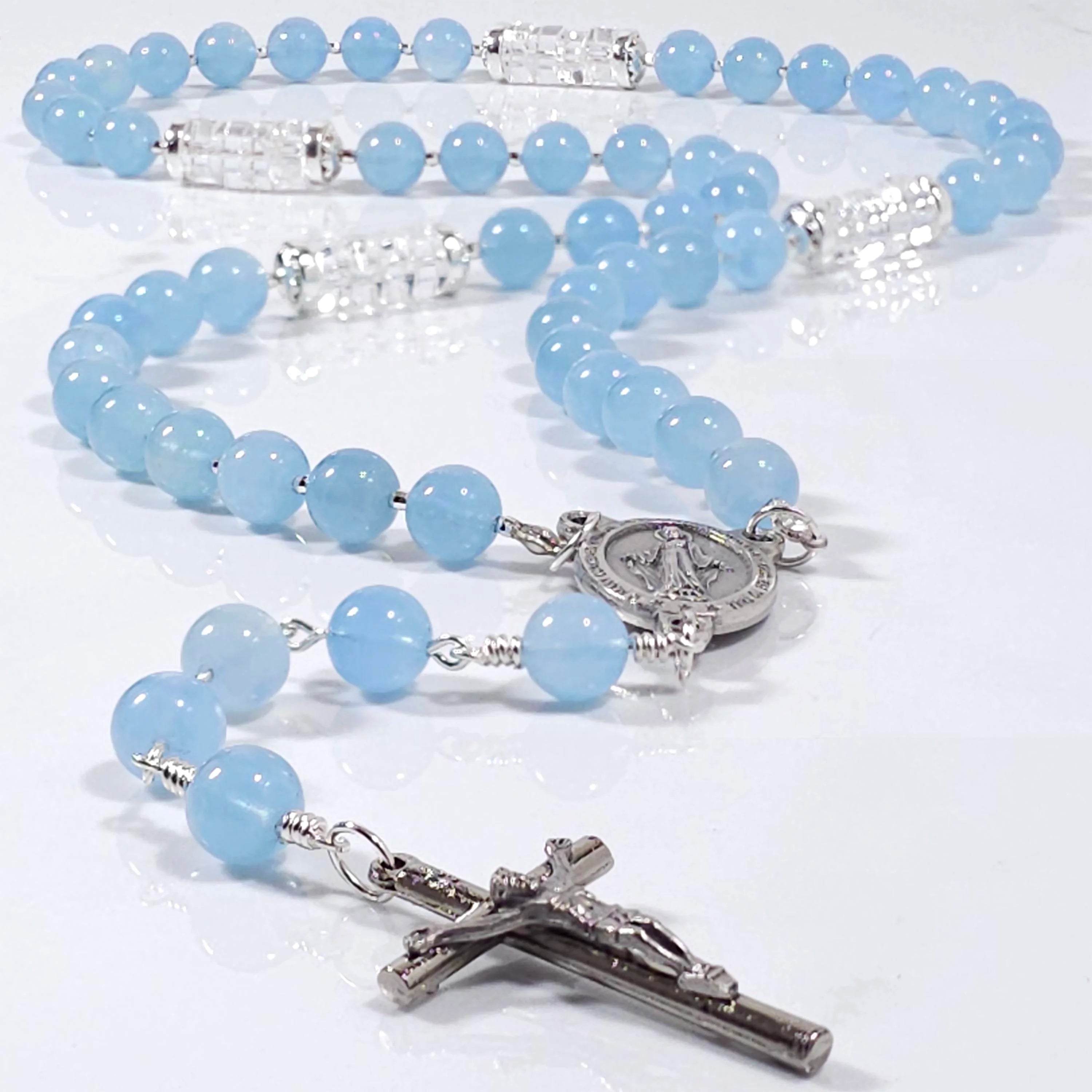 Salve Regina Aquamarine Blue Gemstone Rosary necklace The