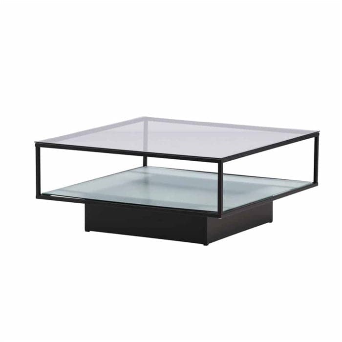 6: VENTURE DESIGN Maglehem sofabord, m. hylde - klar glas og sort stål (90x90)