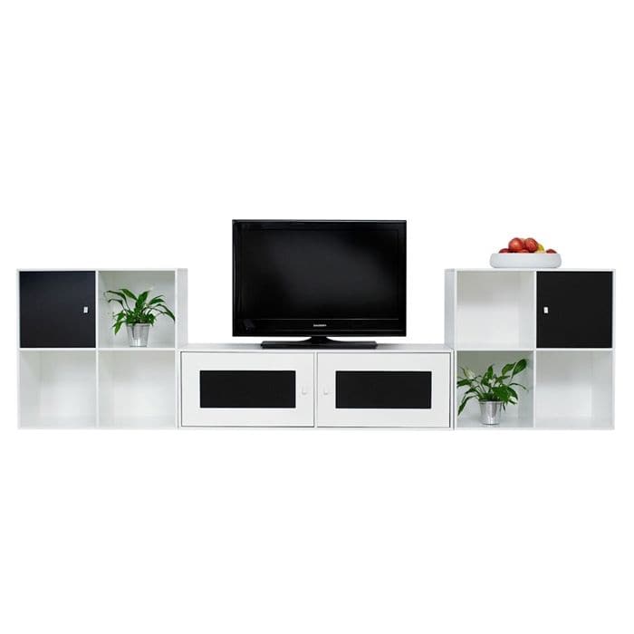 Square Reolen TV-møbel i hvid med stof fronter og låger i sort, Kidi - Square Reolen