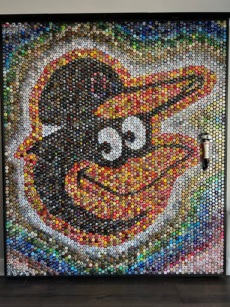 Laura's bottle cap art: Baltimore Oriole with no repeating caps