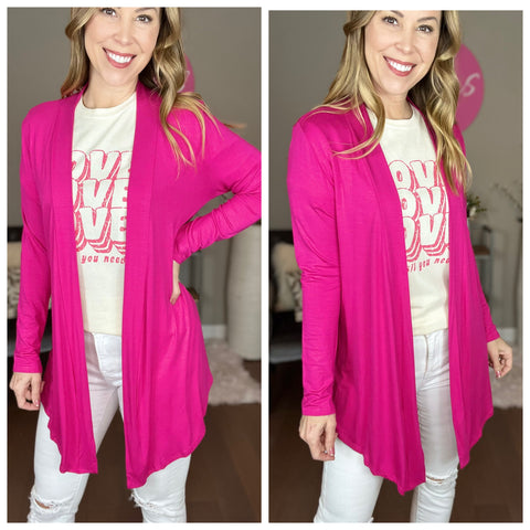 Hot Pink Solid Open Front Long Sleeve Cardigan