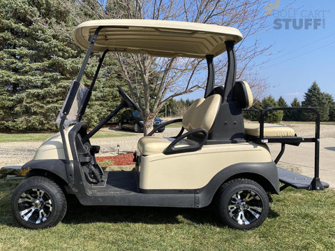 Non-Lifted Club Car Precedent Golf Cart with 10" Vampire Golf Cart Wheels and 205/50-10 DOT Approved Golf Cart Tires. Get your wheels and tires at GOLFCARTSTUFF.com!