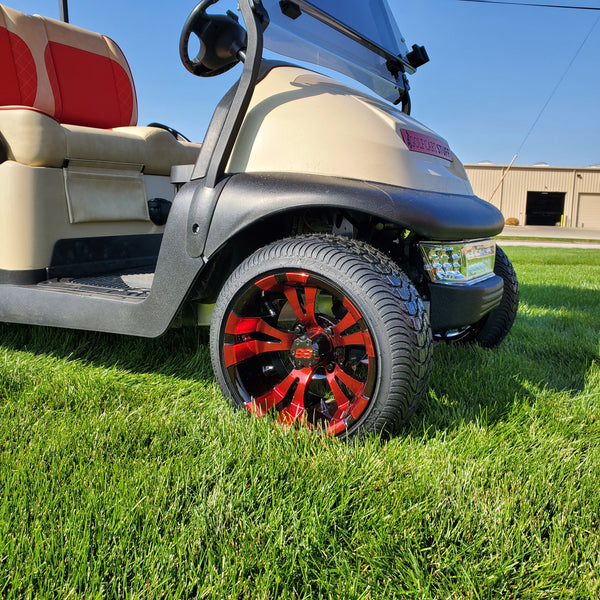 Low profile Gotham or Vampire red wheel and tire golf cart combo for Club Car Precedent.