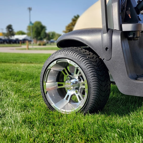 Stallion gunmetal wheel and low profile tire combo for golf cart installed on Club Car.