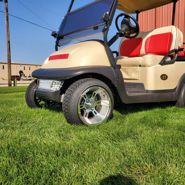 Set of 12" Stallion gunmetal wheel and low profile tire combo for golf cart installed on Club Car.