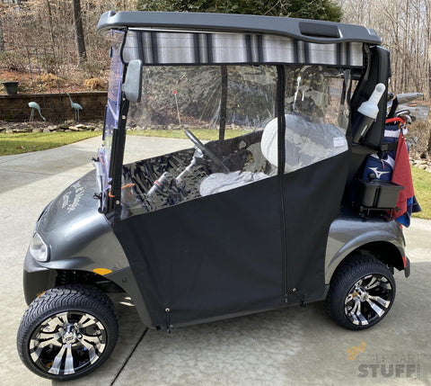 Stock Suspension (non-lifted) EZGO RXV and 12" Inch Vampire Black & Machined Aluminum Golf Cart Wheels with 215/35-12 tires. Get your wheels and tires at GOLFCARTSTUFF.com today!