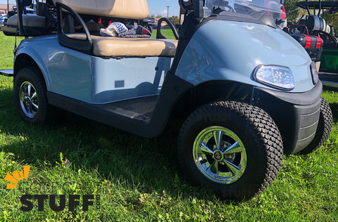 Kenda K500 Super Turf 18" Tires and OEM steel Wheels on a Non-LIfted EZGO RXV! Get your brand new wheels with GOLFCARTSTUFF.com!