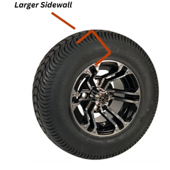 Golf cart wheel and tire with a larger sidewall tire