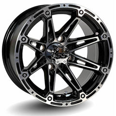 Black and silver golf cart wheel