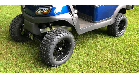 Blue golf cart with black wheels and off-road tires