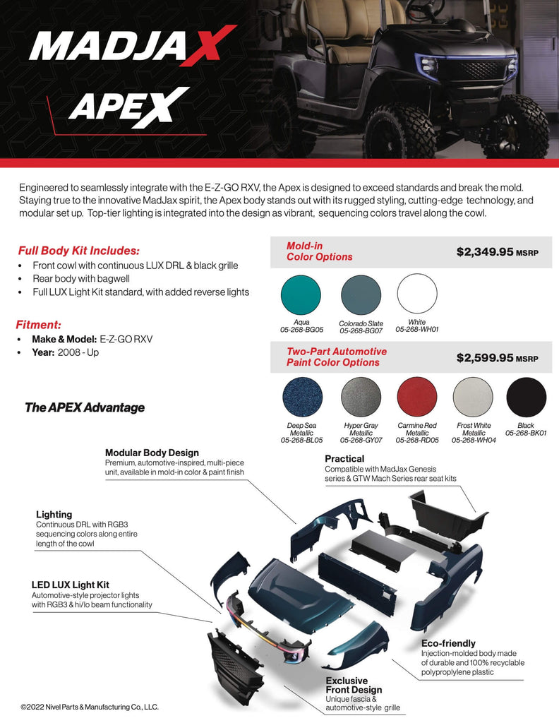 Product features for Madjax Apex EZGO RXV golf cart body kit.