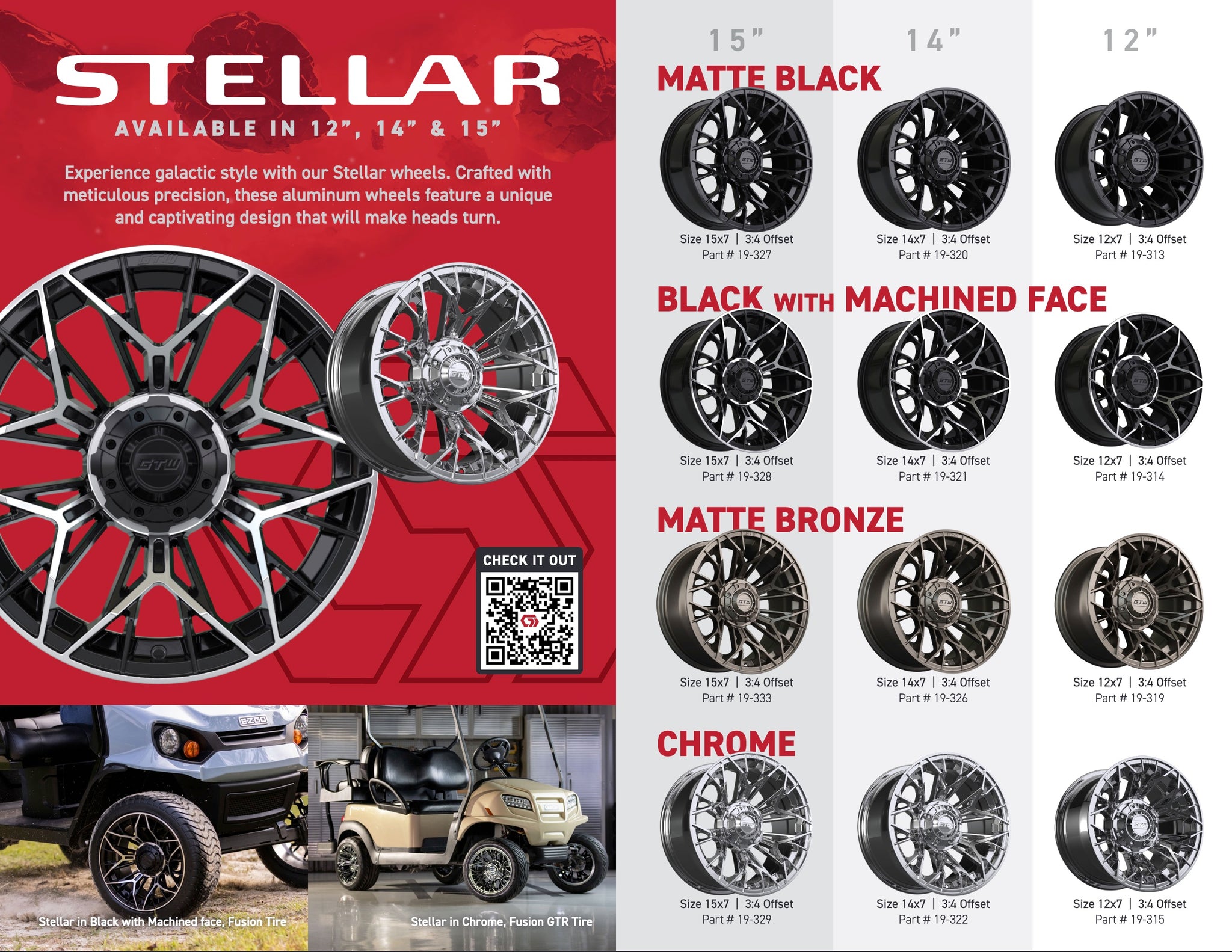 New lineup of GTW Stellar golf cart wheels available in black, bronze, and chrome.