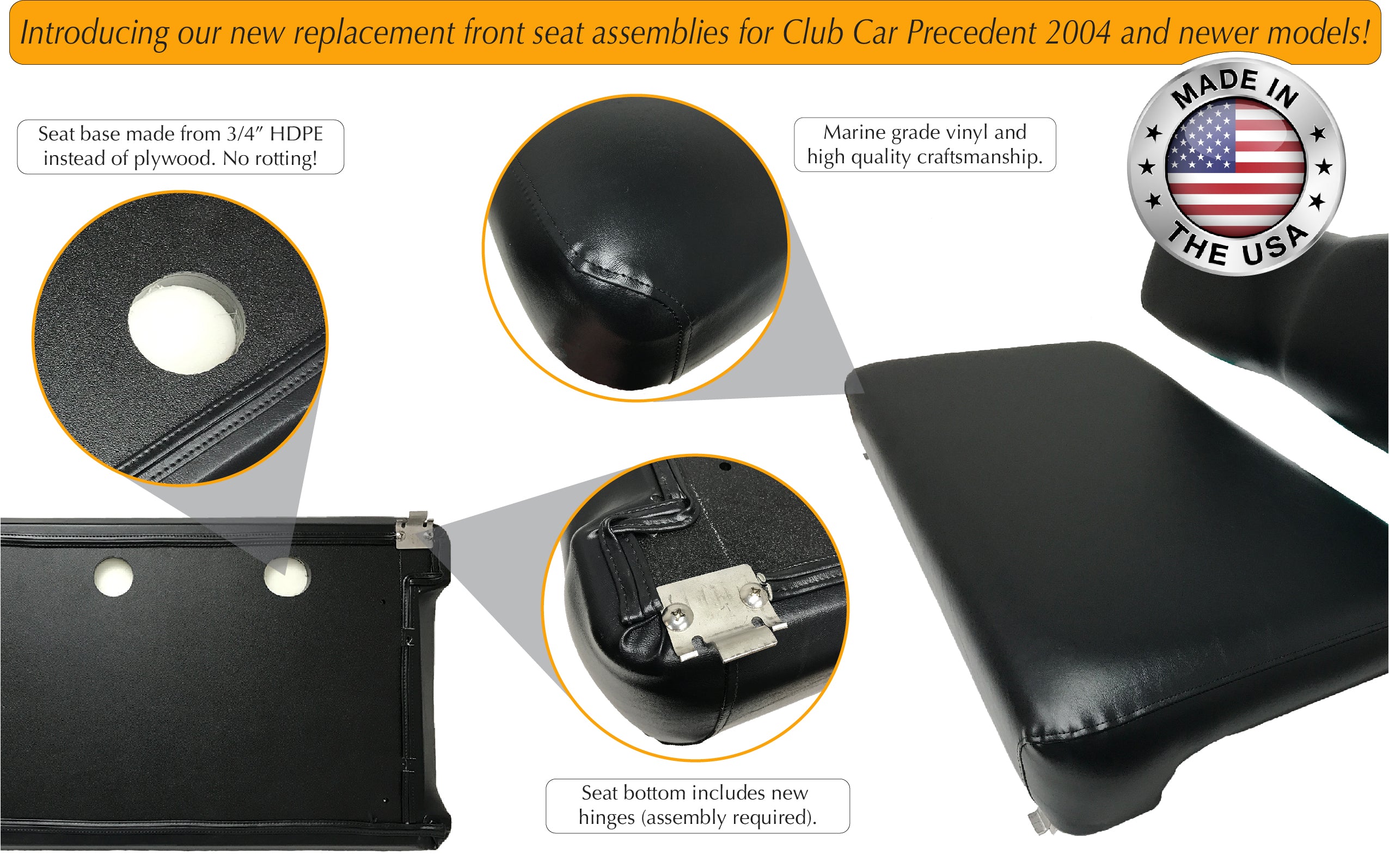 Description of replacement front seat assembly for Club Car Precedent golf cart.