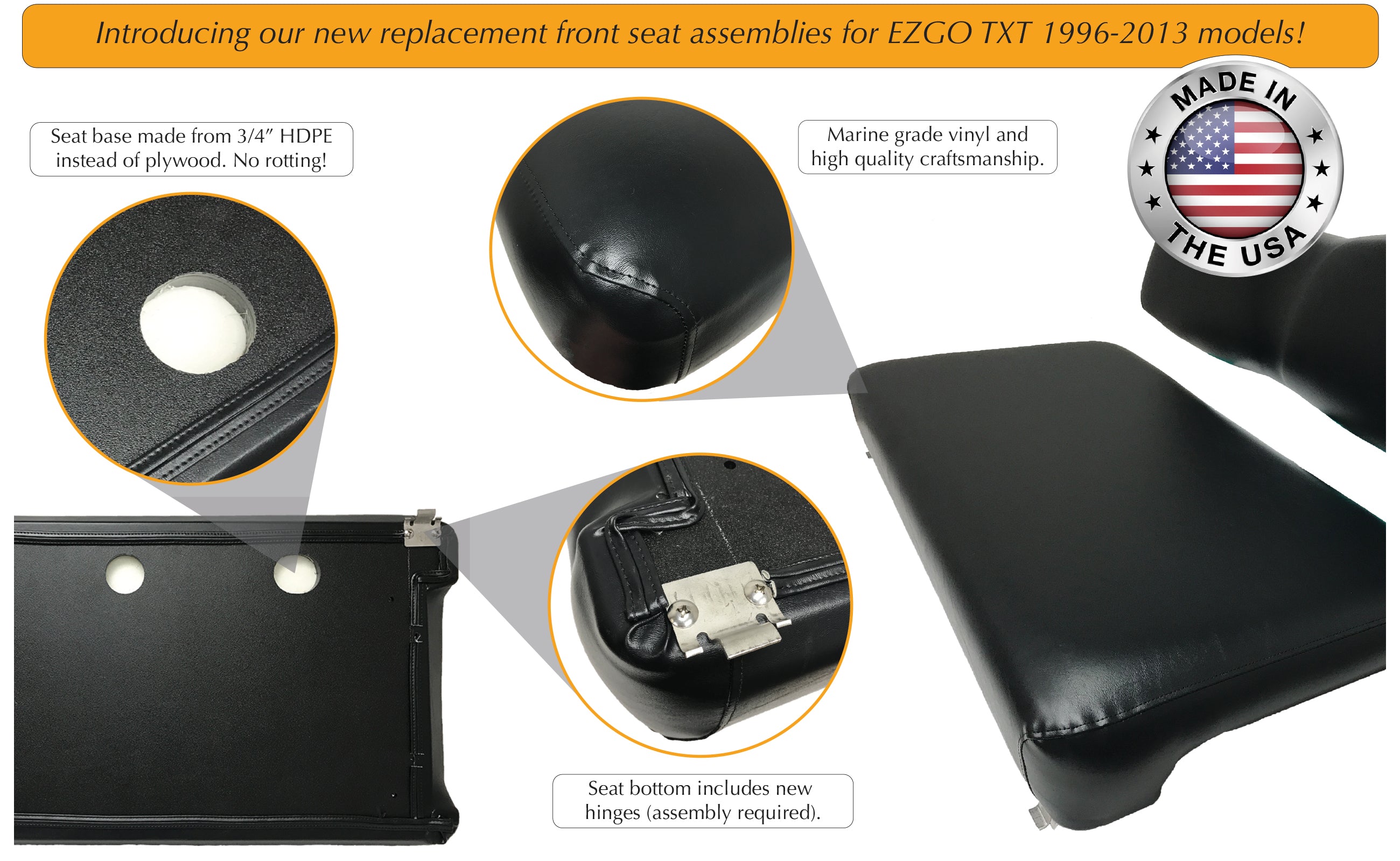 Features of front replacement seat assembly with no wood for EZGO TXT model golf cart.