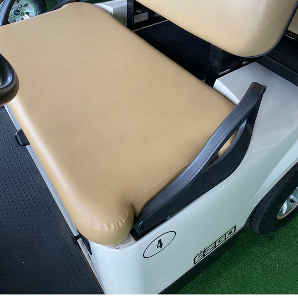 EZGO TXT front seat replacement assembly in tan installed on customer's cart.