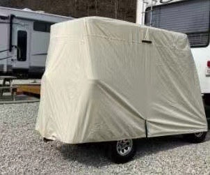 Tan golf cart storage cover.