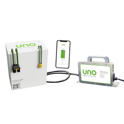 UNO lithium golf cart battery and charger bundle.