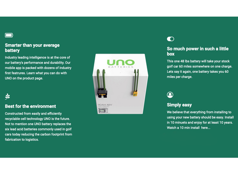 Uno golf cart battery features.
