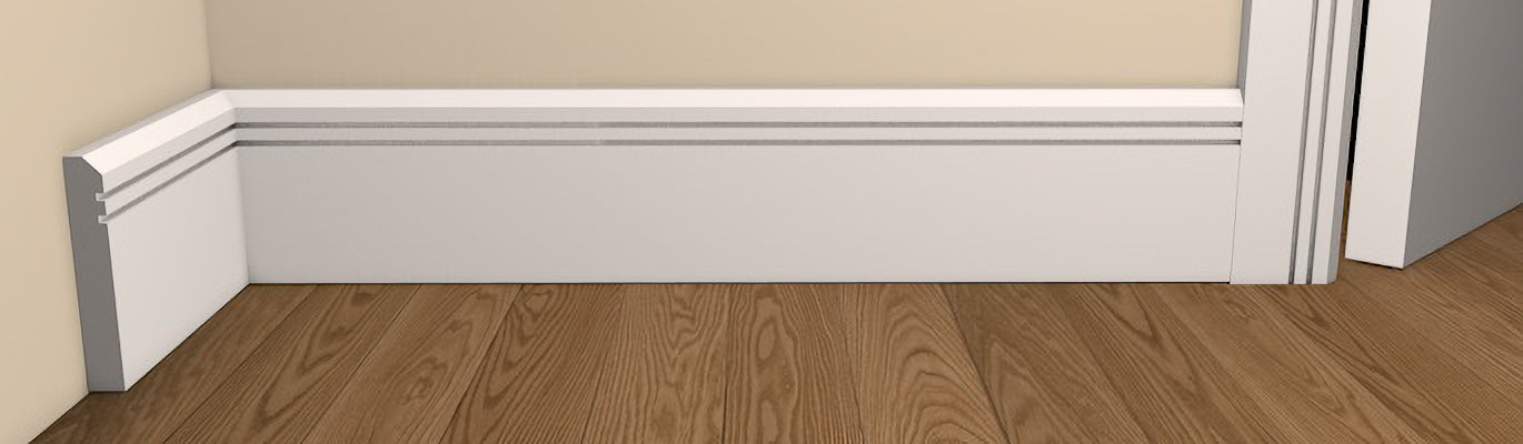 Contemporary Style Bevelled Double Shaker Architrave and Skirting - Pre-Primed/Pre-Painted Wood shown fitted to a wall