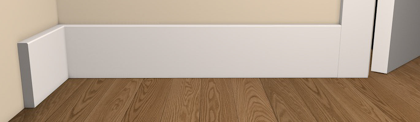 Contemporary Style Pencil Edge Architrave and Skirting - Pre-Primed/Pre-Painted Wood shown fitted to a wall