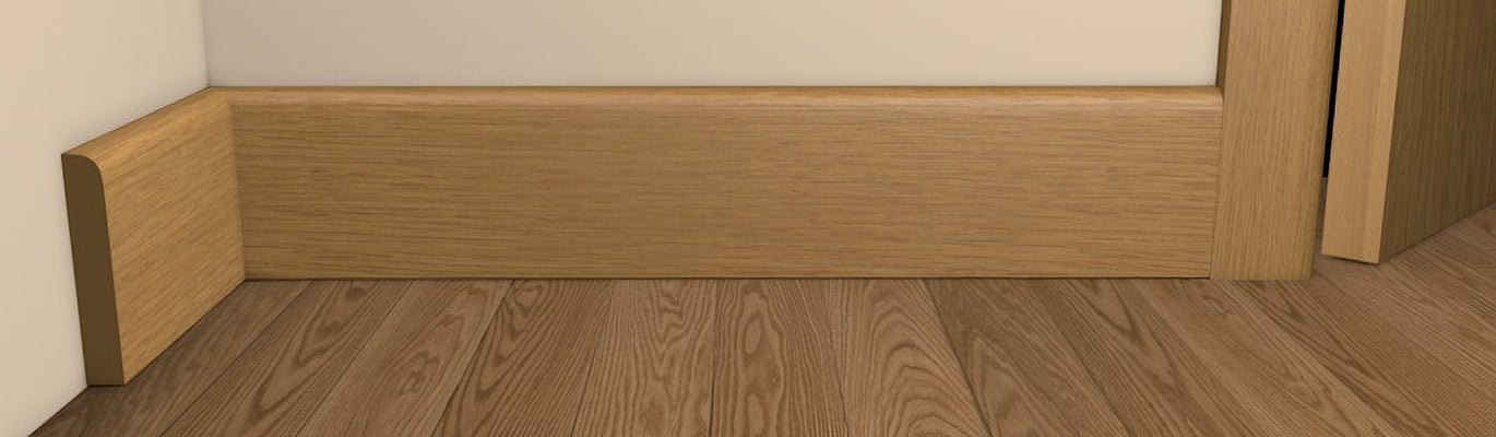Contemporary Style Bullnose Architrave and Skirting - Pre-Varnished Solid Oak shown fitted to a wall