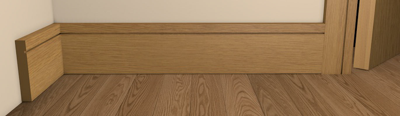 Contemporary Style Shaker Architrave and Skirting - Pre-Varnished Solid Oak shown fitted to a wall