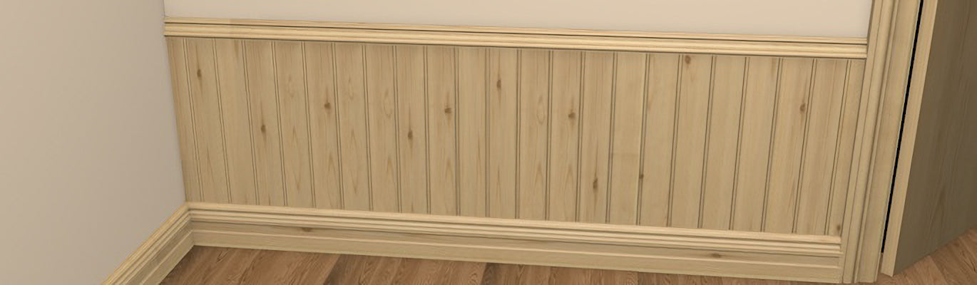 Pre-Varnished Redwood Sheeting shown fitted to a wall, with skirting below and capping on top