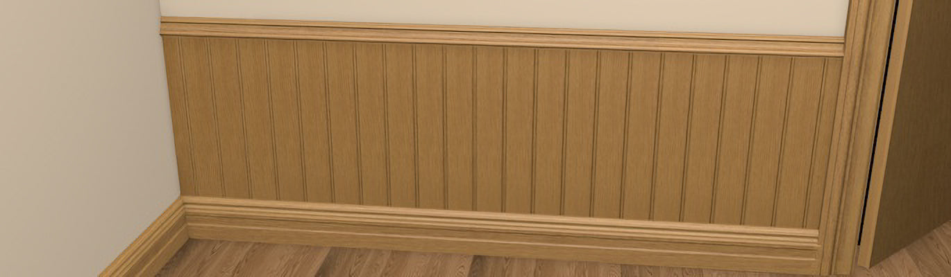 Pre-Varnished Solid Oak Sheeting shown fitted to a wall, with skirting below and capping on top