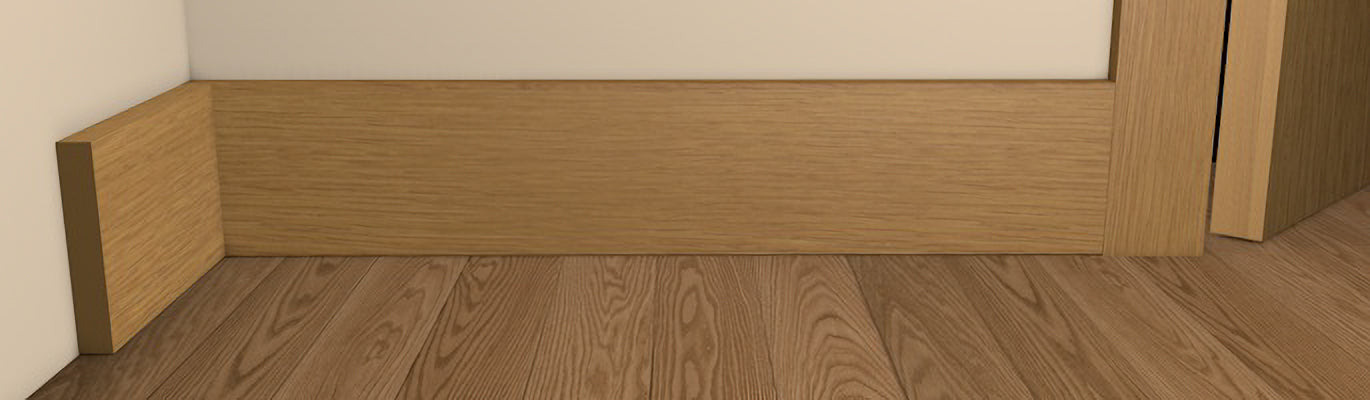 Contemporary Style Square Edge Architrave and Skirting - Pre-Varnished Solid Oak shown fitted to a wall