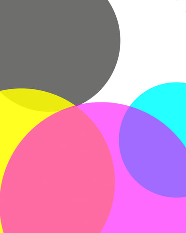 Overlapping cyan, magenta, yellow, and black circles of varying sizes and opacities