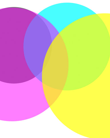 Overlapping cyan, magenta, yellow, and black circles of varying sizes and opacities