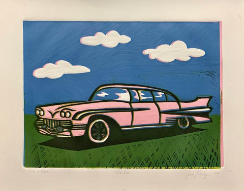 Reduction linoleum print of a pink Cadillac parked on grass with a blue sky with clouds