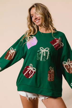 Sequin Christmas Gift Box Embroideries Pullover - Modern Grace