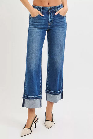 RISEN Mid Rise Ankle Straight Jeans with Cuffed Hem - Modern Grace