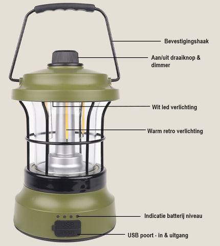 Campinglamp voor buiten - Oplaadpoort - type C - Licht-dimeffect - Legergroen