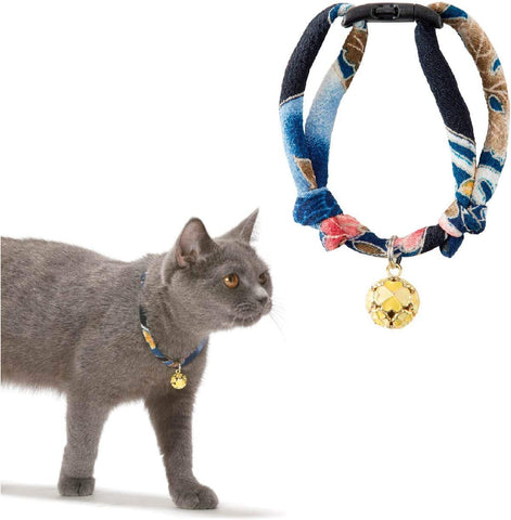 Necoichi halsband katten  Marineblauw  Japanse chrimen stof  Klavervormige hanger  Kattenhalsband  Halsbandje