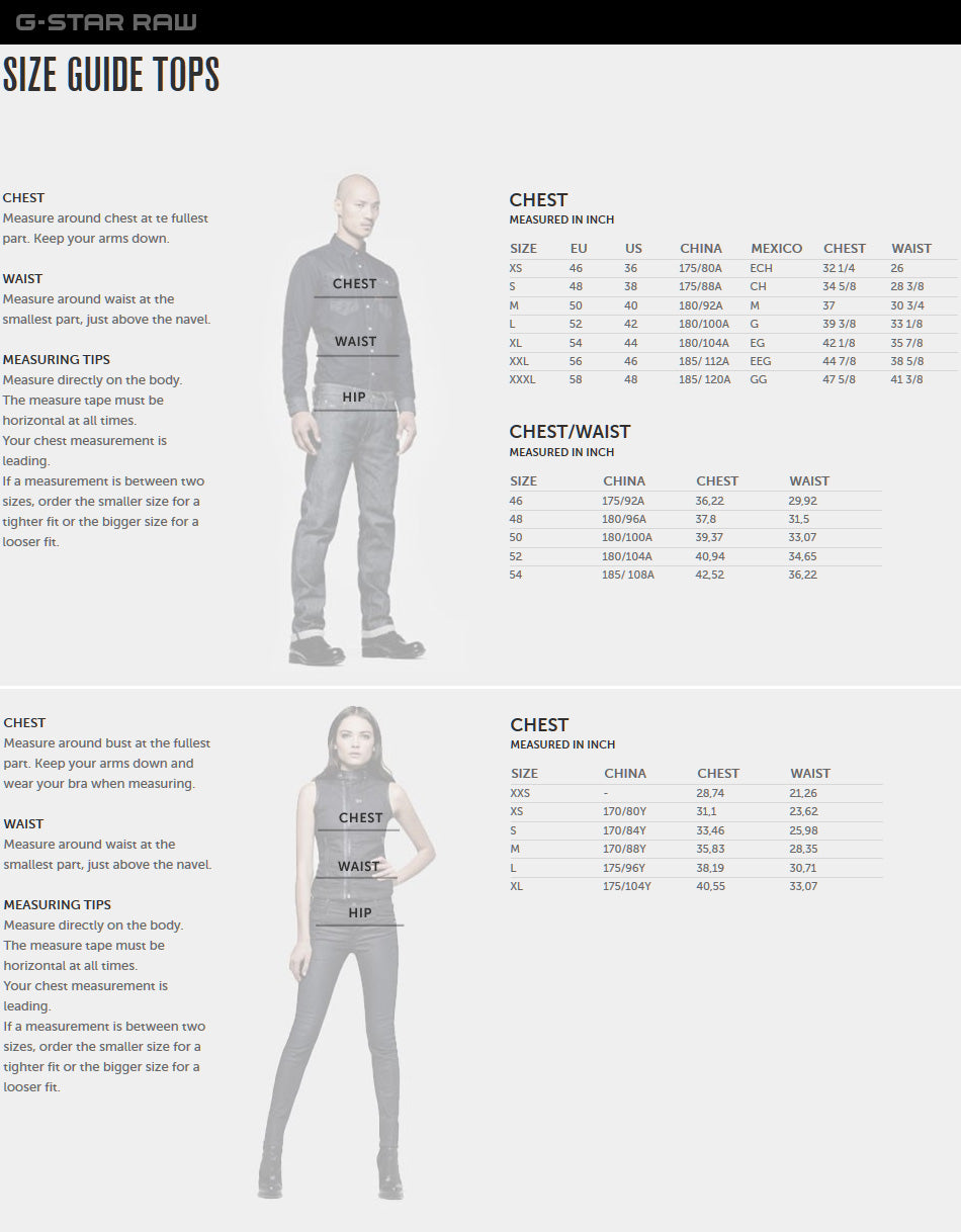 g star raw size guide