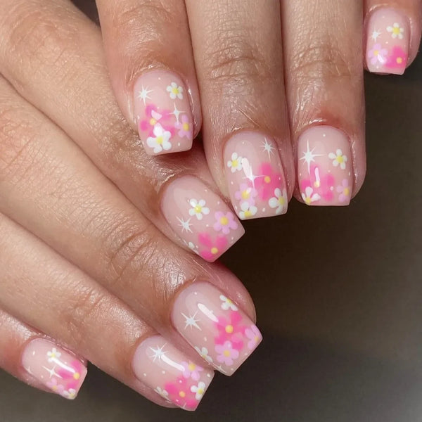 24Pcs Pink Flower Press-On Nails Set 36