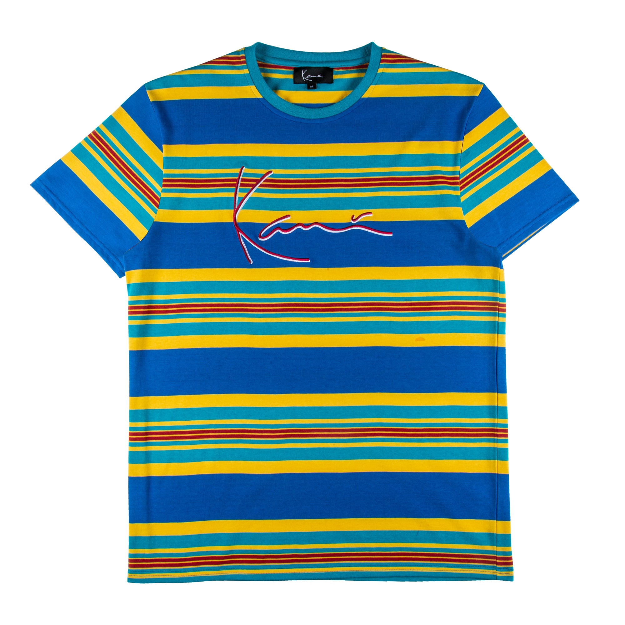 red blue and yellow striped shirt