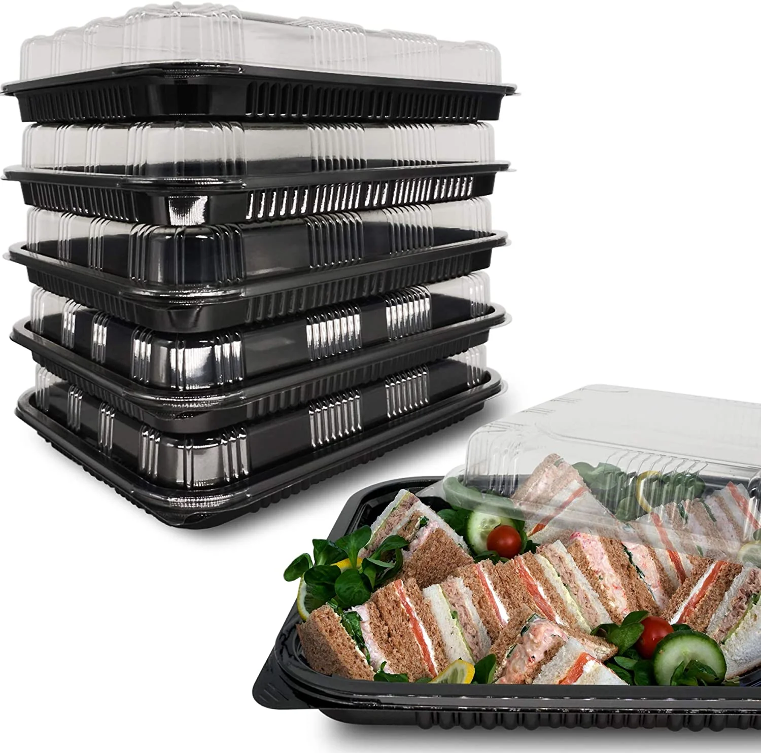 Empty stack of Sandwich Trays with Lids on the left with half of the sandwich tray filled with sandwiches with lid half open