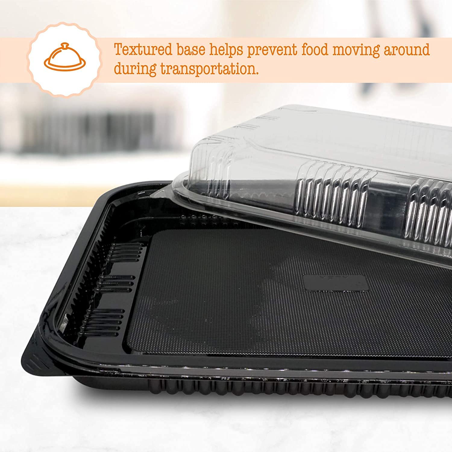 lose-up view of the textured base of sandwich tray with lid, designed to prevent food from moving during transportation.