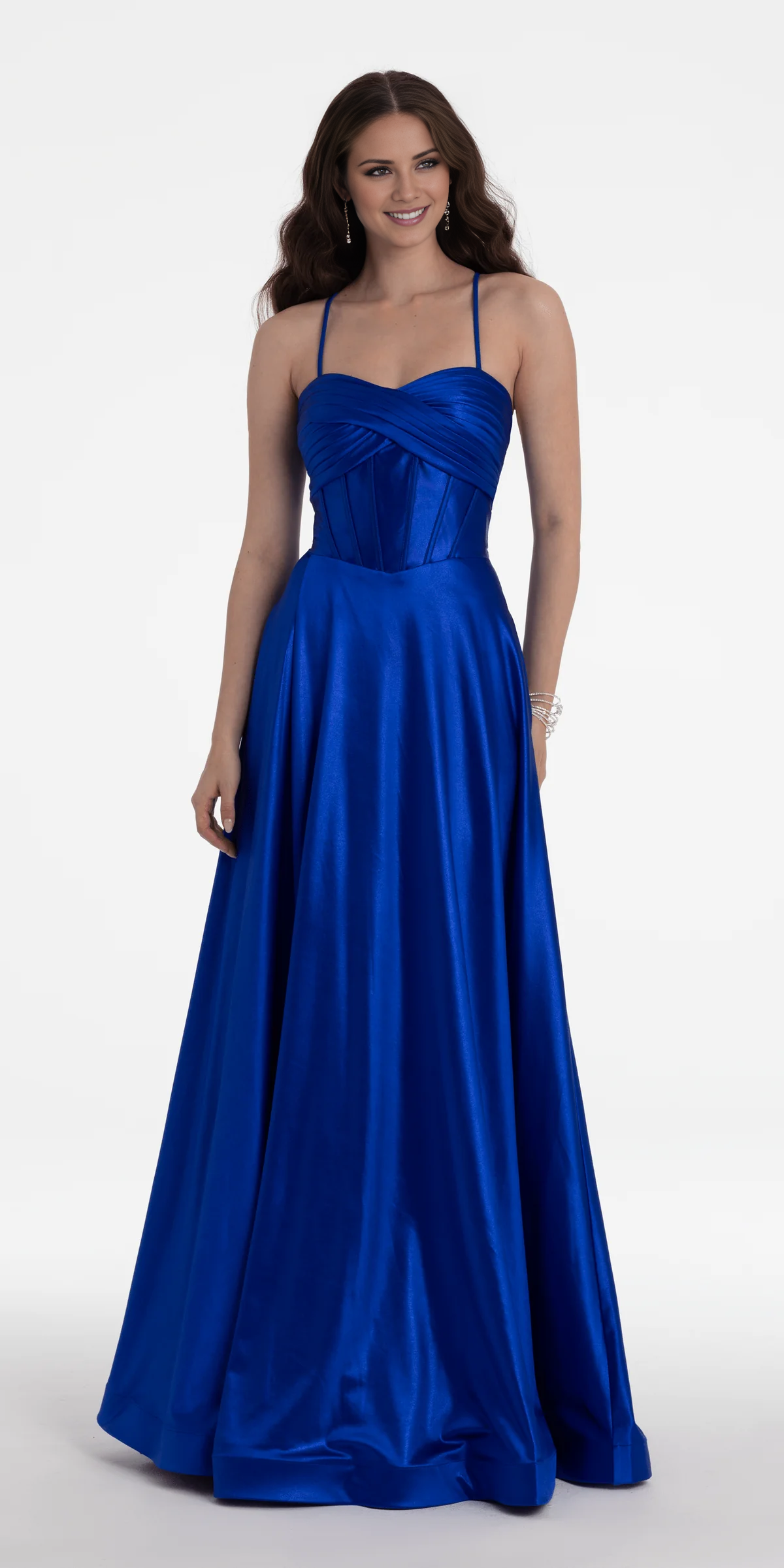 Jimiss off shoulder satin thin shoulder strap tight corset and floor length Prom dress