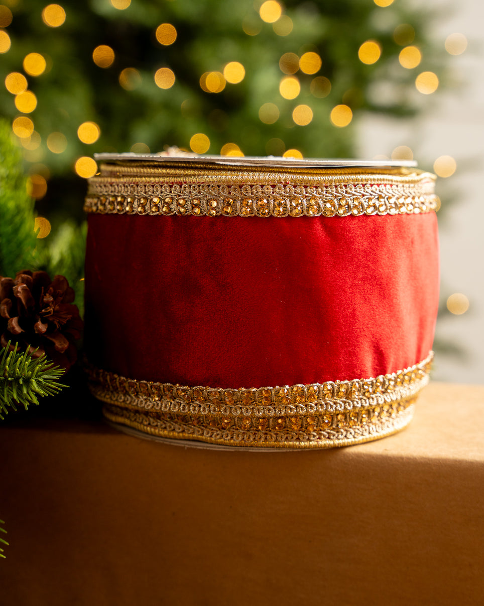 4 X 5YD Red Velvet Ribbon With Gold & Pearl Center