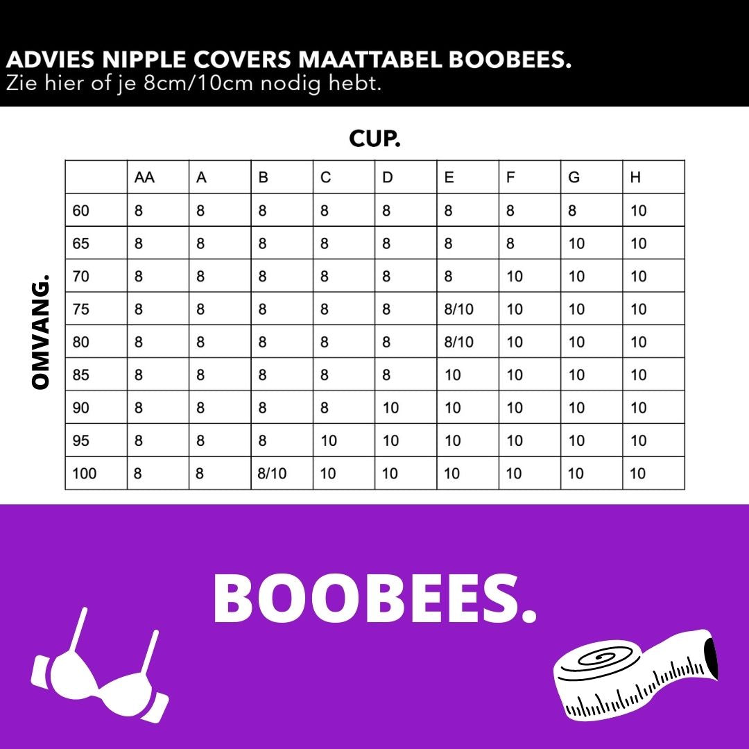 Maat tabel voor nipple covers van BOOBEES.