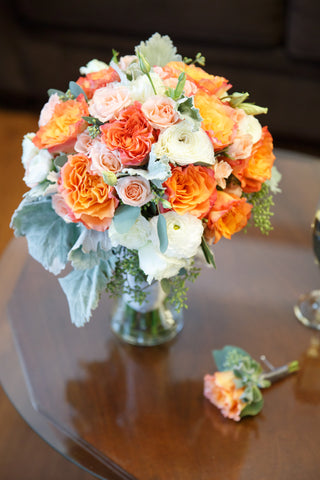Coral, pink and peach Round Bridal bouquet by Gorgeous and Green in Napa Calistoga Hans Fahden Winery 