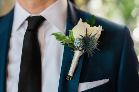 simple boutonniere with blue thistle, florals by Gorgeous and Green for wedding Berkeley City Club