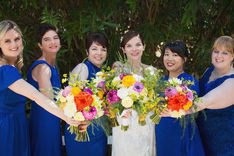 bouquets in oranges, corals, fuchsia, green, golds and plums by Gorgeous and Green, Tiburon Wedding